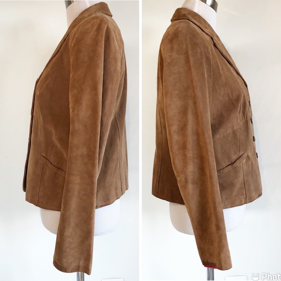 i.e. Women’s Genuine Leather Suede Tan Camel Blazer, size Large Button Front - Picture 4 of 16